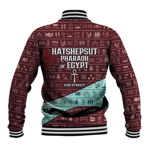 Hatshepsut Baseball Jacket with Pharaoh Bust Illustration, Female Pharaoh Title and Egyptian Hieroglyph - African Pride