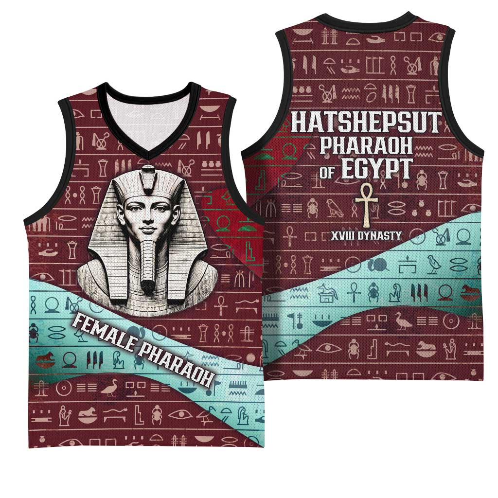 Hatshepsut Basketball Jersey with Pharaoh Bust Illustration, Female Pharaoh Title and Egyptian Hieroglyph - African Pride
