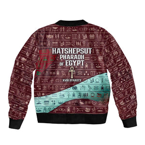 Hatshepsut Bomber Jacket with Pharaoh Bust Illustration, Female Pharaoh Title and Egyptian Hieroglyph - African Pride