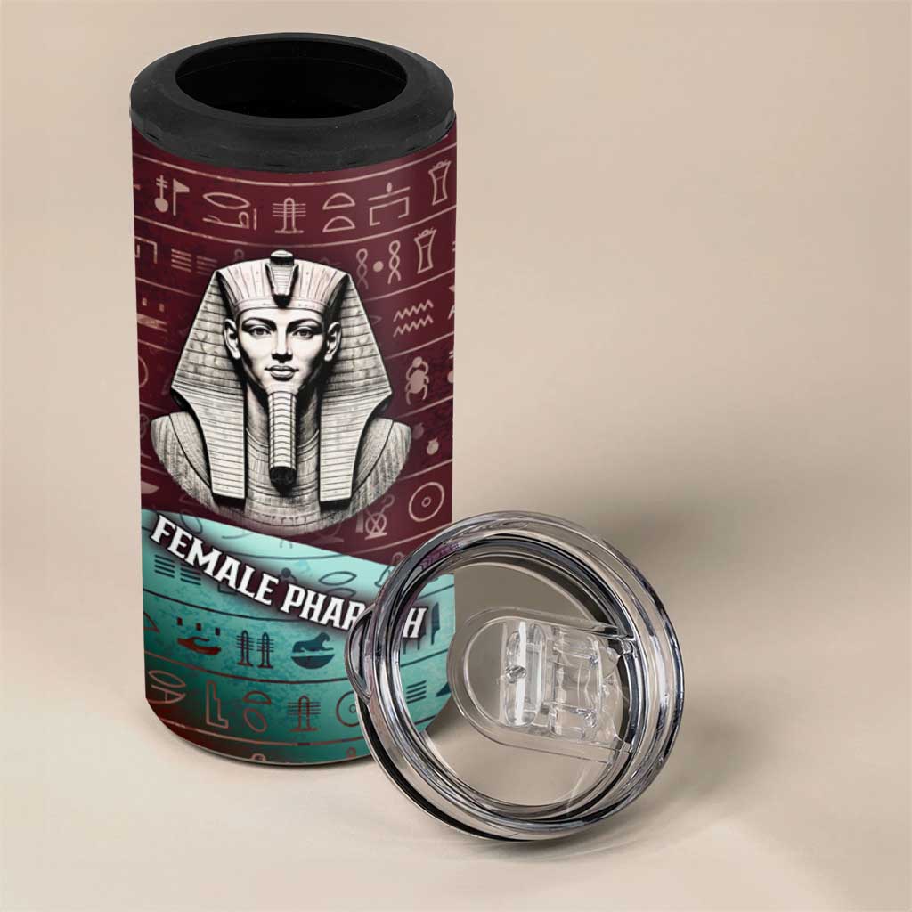 Hatshepsut 4 in 1 Can Cooler Tumbler with Pharaoh Bust Illustration, Female Pharaoh Title and Egyptian Hieroglyph - African Pride