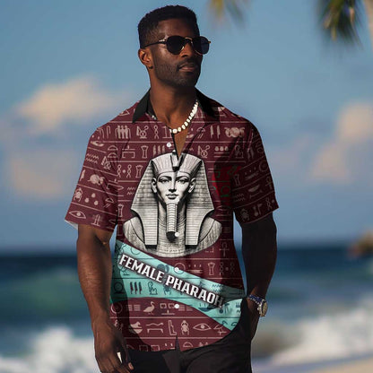 Hatshepsut Hawaiian Shirt with Pharaoh Bust Illustration, Female Pharaoh Title and Egyptian Hieroglyph - African Pride
