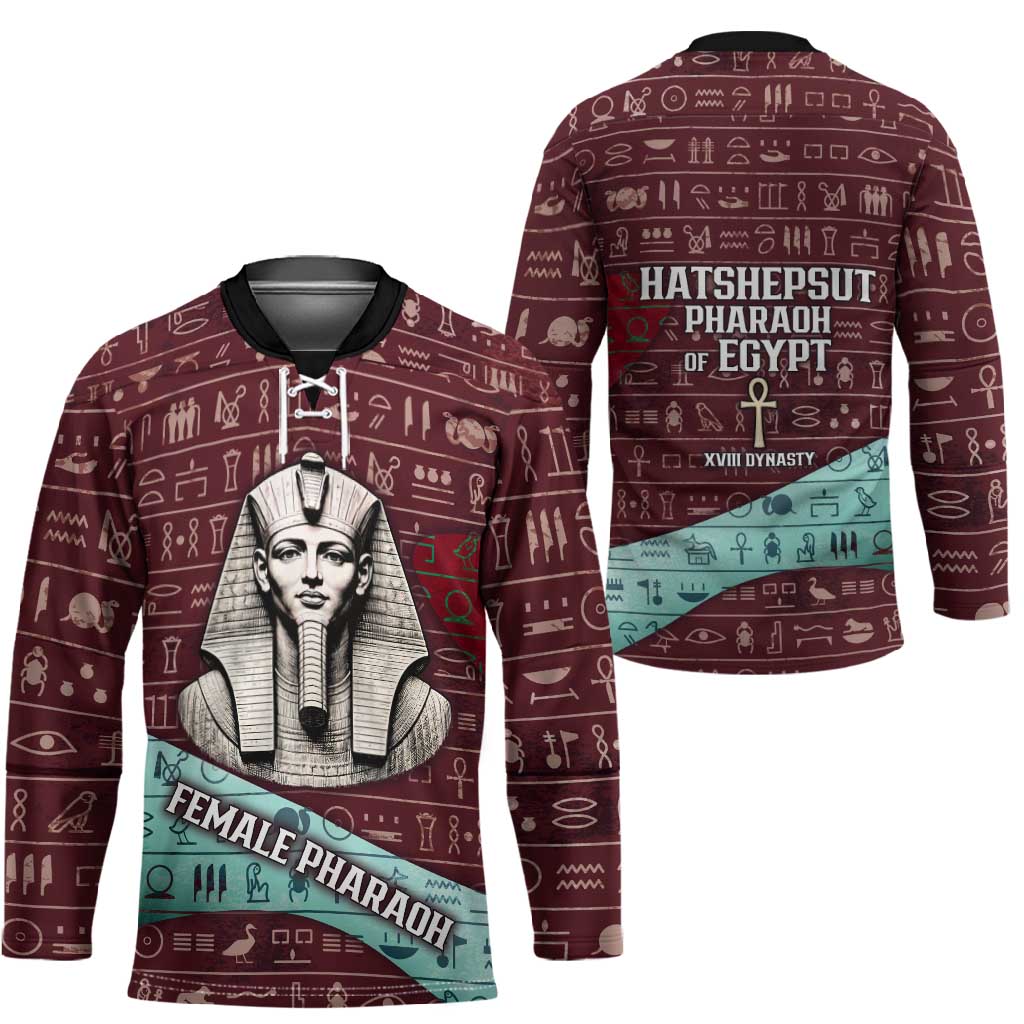 Hatshepsut Hockey Jersey with Pharaoh Bust Illustration, Female Pharaoh Title and Egyptian Hieroglyph - African Pride