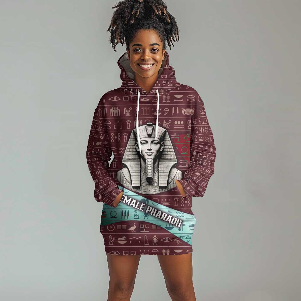 Hatshepsut Hoodie Dress with Pharaoh Bust Illustration, Female Pharaoh Title and Egyptian Hieroglyph - African Pride