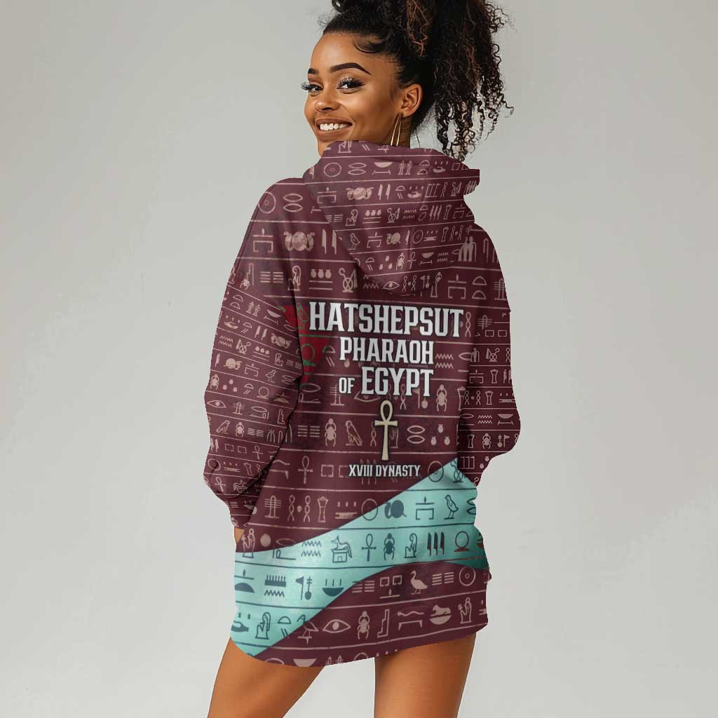 Hatshepsut Hoodie Dress with Pharaoh Bust Illustration, Female Pharaoh Title and Egyptian Hieroglyph - African Pride