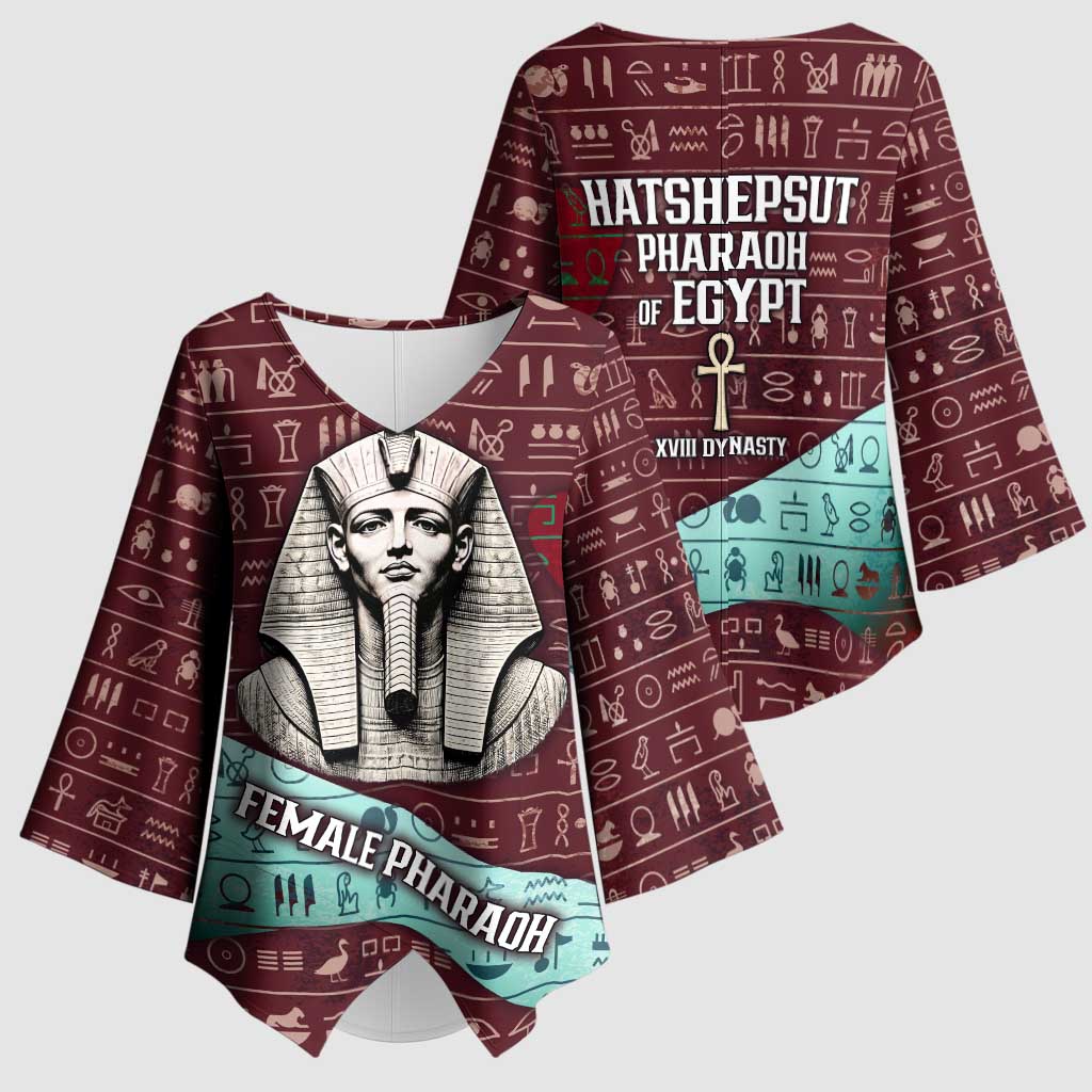 Hatshepsut Kimono Sleeve Blouse with Pharaoh Bust Illustration, Female Pharaoh Title and Egyptian Hieroglyph - African Pride