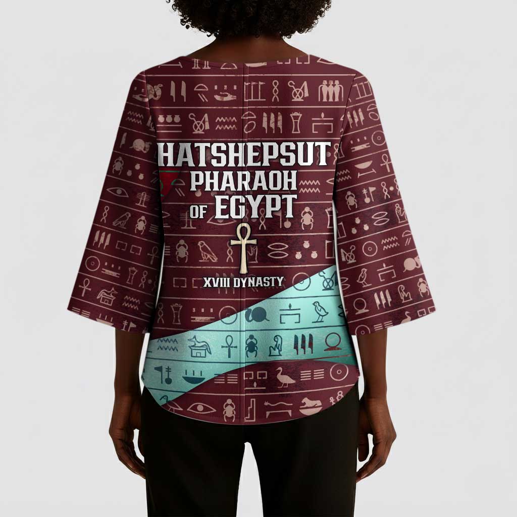 Hatshepsut Kimono Sleeve Blouse with Pharaoh Bust Illustration, Female Pharaoh Title and Egyptian Hieroglyph - African Pride