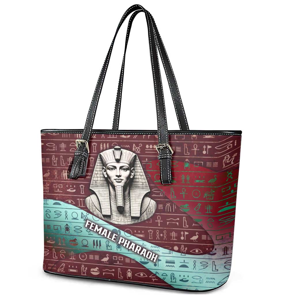 Hatshepsut Leather Tote Bag with Pharaoh Bust Illustration, Female Pharaoh Title and Egyptian Hieroglyph - African Pride
