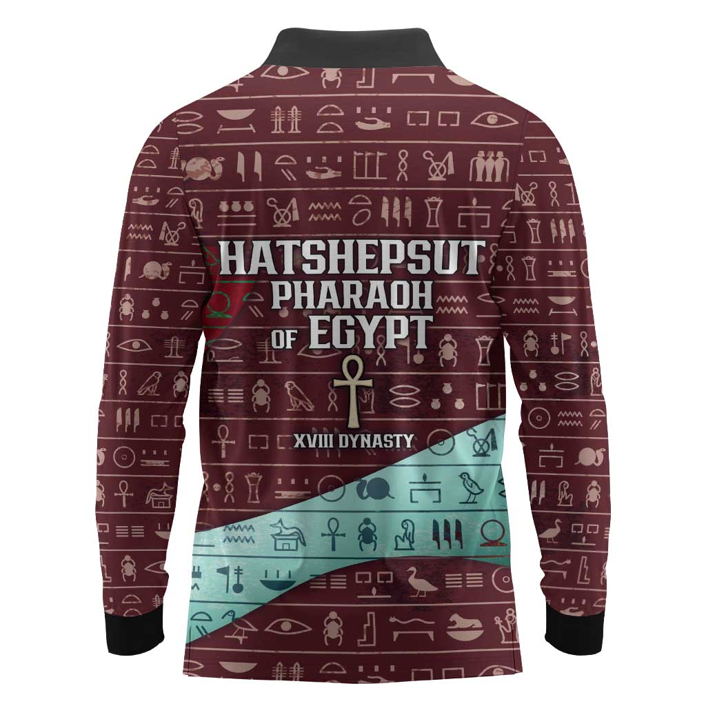 Hatshepsut Long Sleeve Polo Shirt with Pharaoh Bust Illustration, Female Pharaoh Title and Egyptian Hieroglyph - African Pride