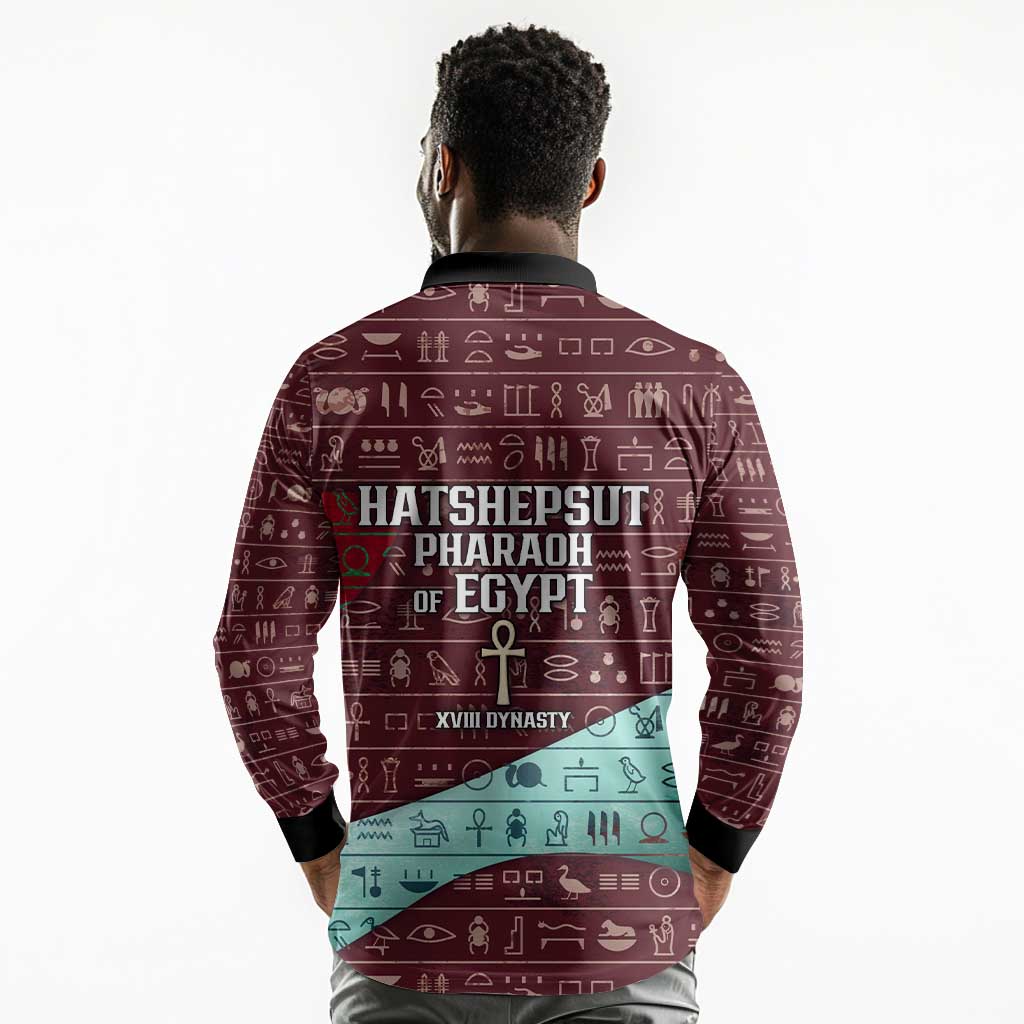 Hatshepsut Long Sleeve Polo Shirt with Pharaoh Bust Illustration, Female Pharaoh Title and Egyptian Hieroglyph - African Pride