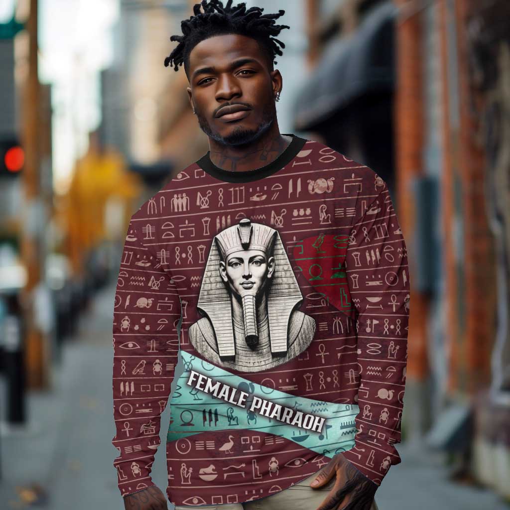 Hatshepsut Long Sleeve Shirt with Pharaoh Bust Illustration, Female Pharaoh Title and Egyptian Hieroglyph - African Pride