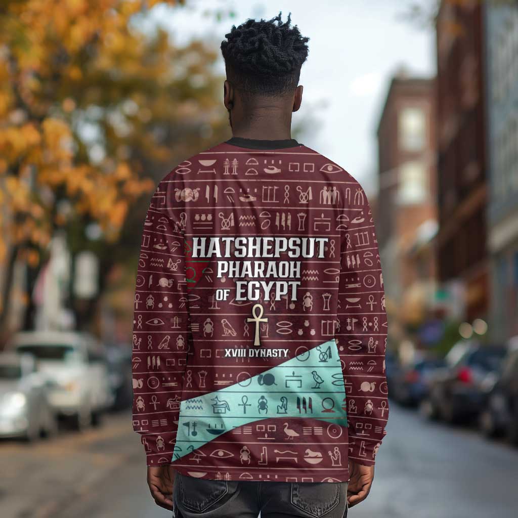 Hatshepsut Long Sleeve Shirt with Pharaoh Bust Illustration, Female Pharaoh Title and Egyptian Hieroglyph - African Pride