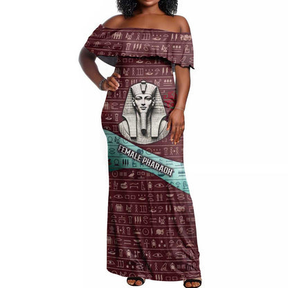 Hatshepsut Off Shoulder Maxi Dress with Pharaoh Bust Illustration, Female Pharaoh Title and Egyptian Hieroglyph - African Pride