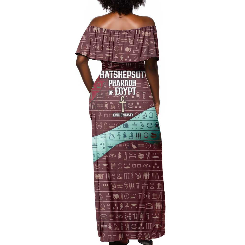 Hatshepsut Off Shoulder Maxi Dress with Pharaoh Bust Illustration, Female Pharaoh Title and Egyptian Hieroglyph - African Pride