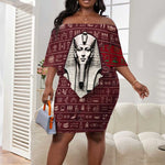 Hatshepsut Off Shoulder Short Dress with Pharaoh Bust Illustration, Female Pharaoh Title and Egyptian Hieroglyph - African Pride