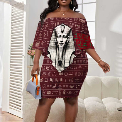 Hatshepsut Off Shoulder Short Dress with Pharaoh Bust Illustration, Female Pharaoh Title and Egyptian Hieroglyph - African Pride