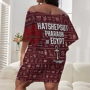 Hatshepsut Off Shoulder Short Dress with Pharaoh Bust Illustration, Female Pharaoh Title and Egyptian Hieroglyph - African Pride