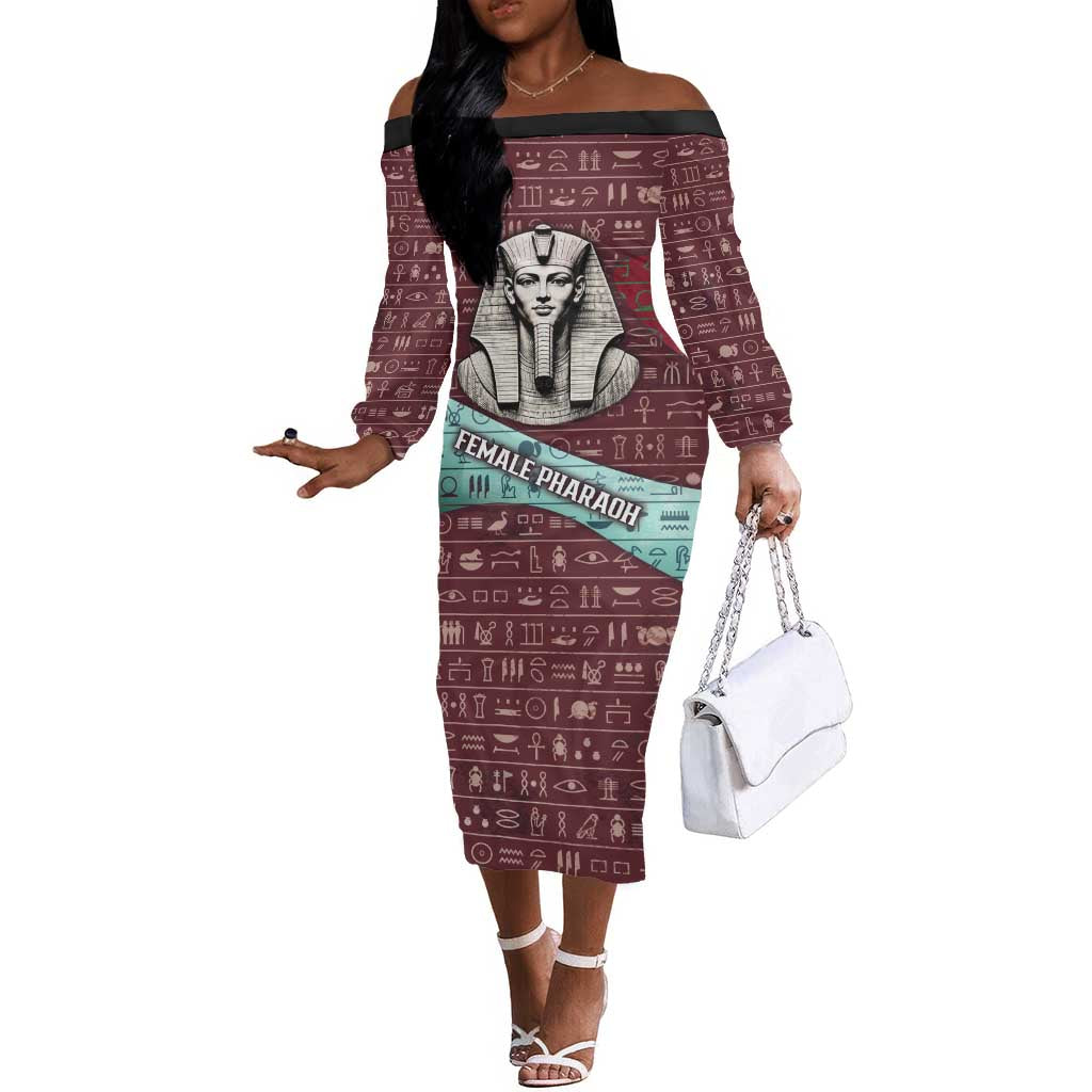 Hatshepsut Off The Shoulder Long Sleeve Dress with Pharaoh Bust Illustration, Female Pharaoh Title and Egyptian Hieroglyph - African Pride