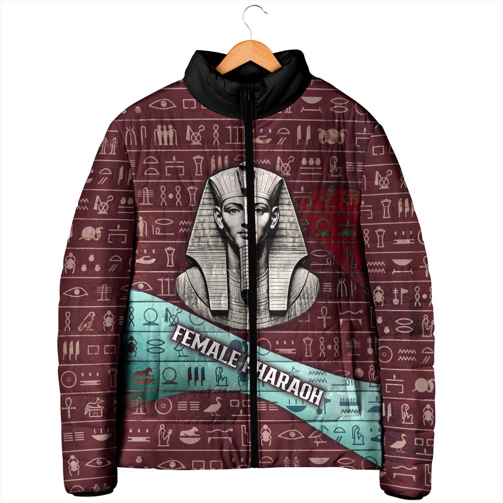 Hatshepsut Padded Jacket with Pharaoh Bust Illustration, Female Pharaoh Title and Egyptian Hieroglyph - African Pride