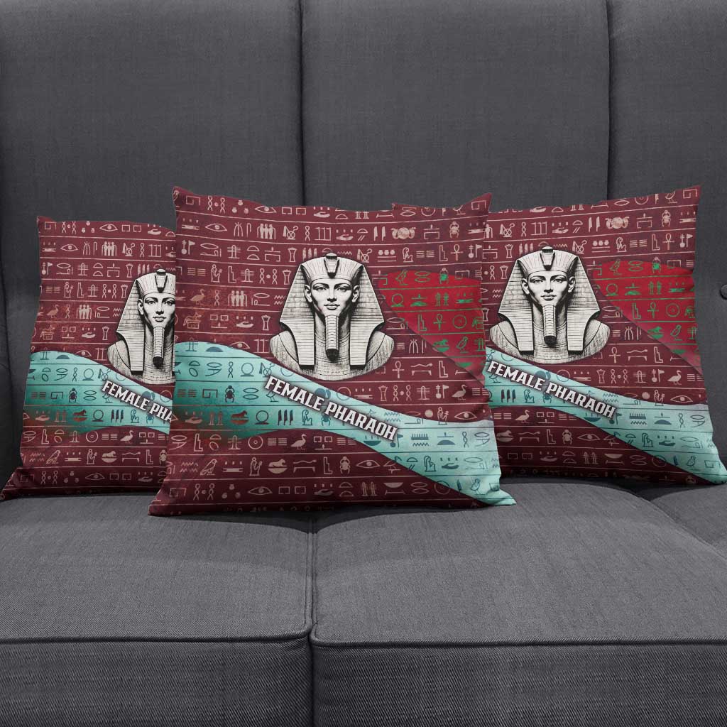 Hatshepsut Pillow Cover with Pharaoh Bust Illustration, Female Pharaoh Title and Egyptian Hieroglyph - African Pride
