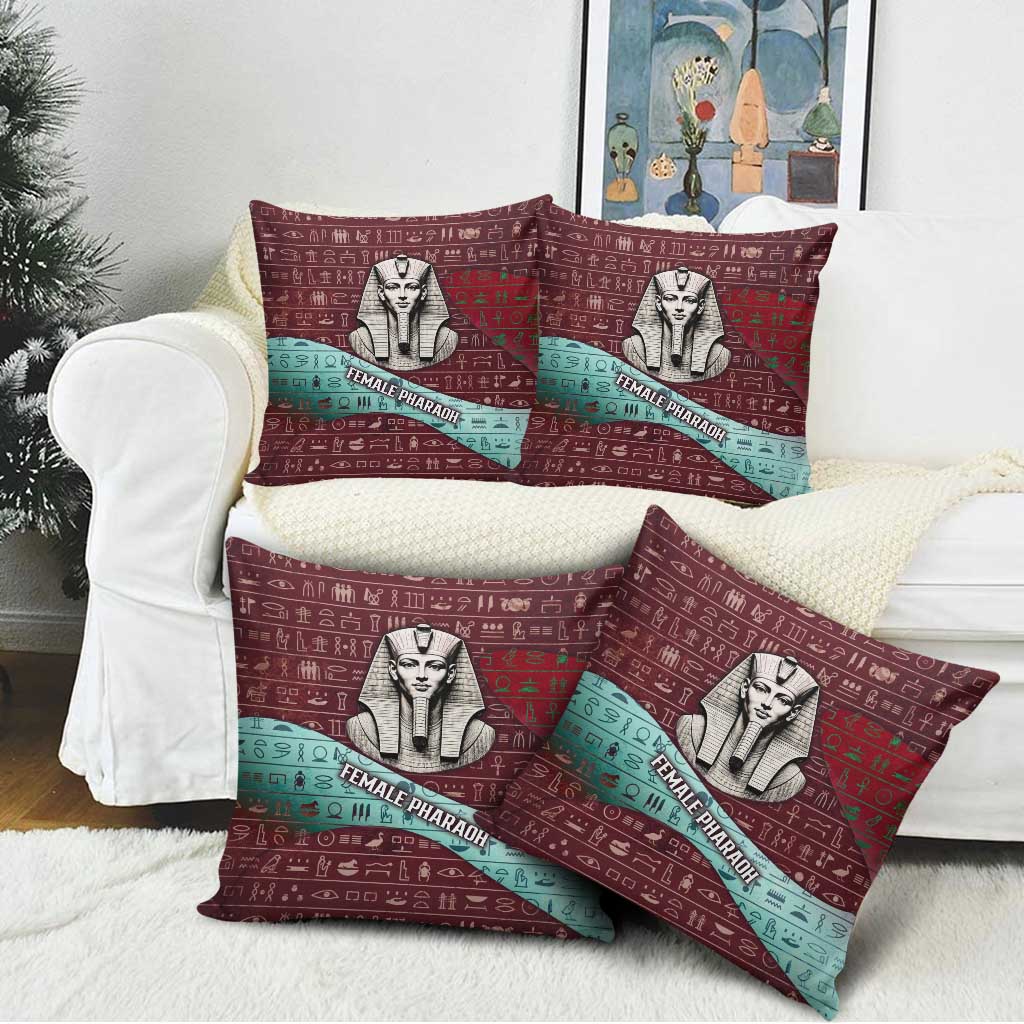 Hatshepsut Pillow Cover with Pharaoh Bust Illustration, Female Pharaoh Title and Egyptian Hieroglyph - African Pride