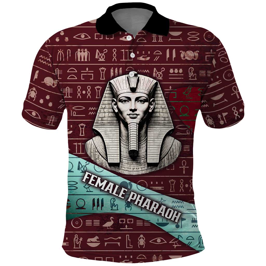 Hatshepsut Polo Shirt with Pharaoh Bust Illustration, Female Pharaoh Title and Egyptian Hieroglyph - African Pride