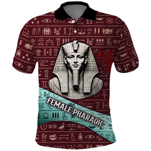 Hatshepsut Polo Shirt with Pharaoh Bust Illustration, Female Pharaoh Title and Egyptian Hieroglyph - African Pride