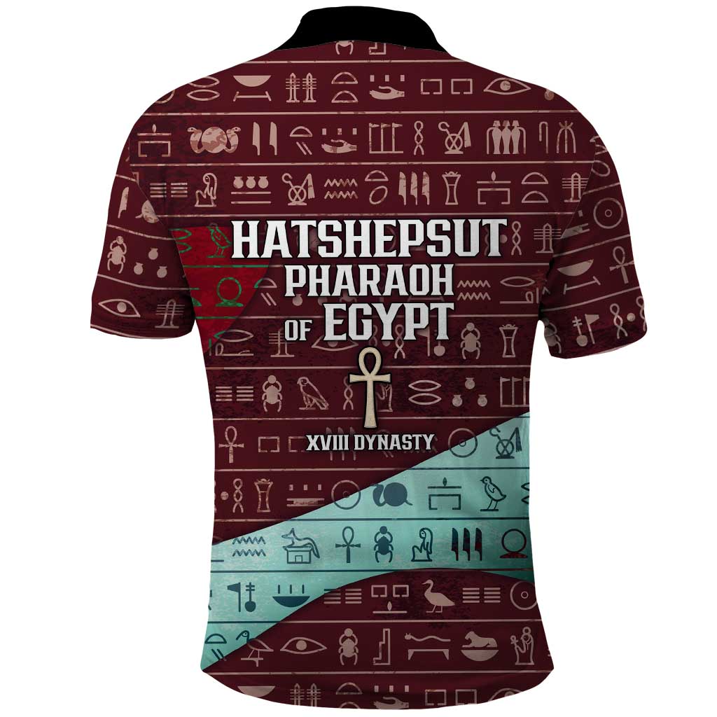 Hatshepsut Polo Shirt with Pharaoh Bust Illustration, Female Pharaoh Title and Egyptian Hieroglyph - African Pride