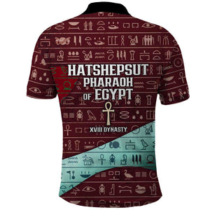 Hatshepsut Polo Shirt with Pharaoh Bust Illustration, Female Pharaoh Title and Egyptian Hieroglyph - African Pride