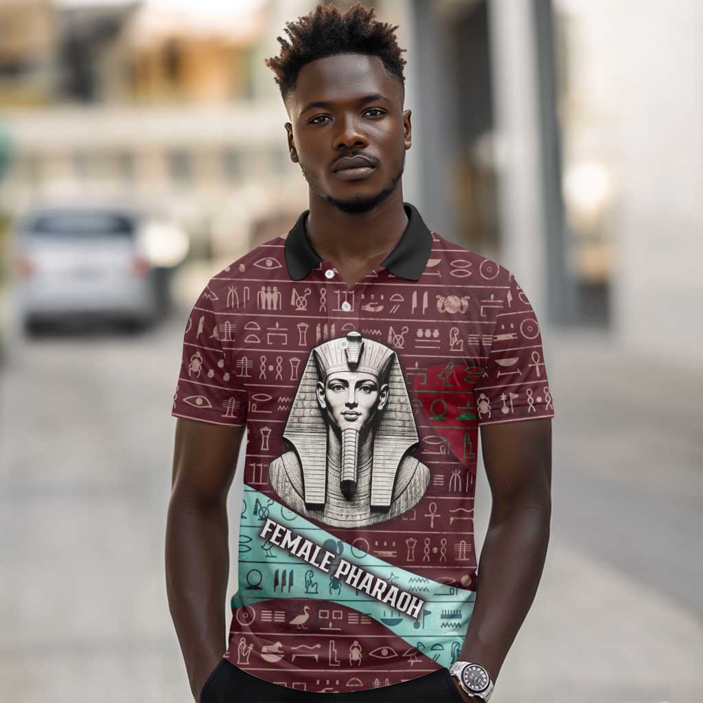 Hatshepsut Polo Shirt with Pharaoh Bust Illustration, Female Pharaoh Title and Egyptian Hieroglyph - African Pride