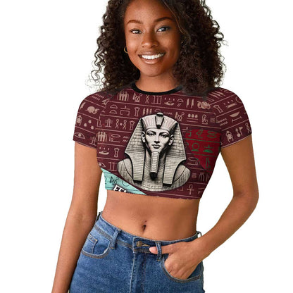 Hatshepsut Raglan Cropped T shirt with Pharaoh Bust Illustration, Female Pharaoh Title and Egyptian Hieroglyph - African Pride
