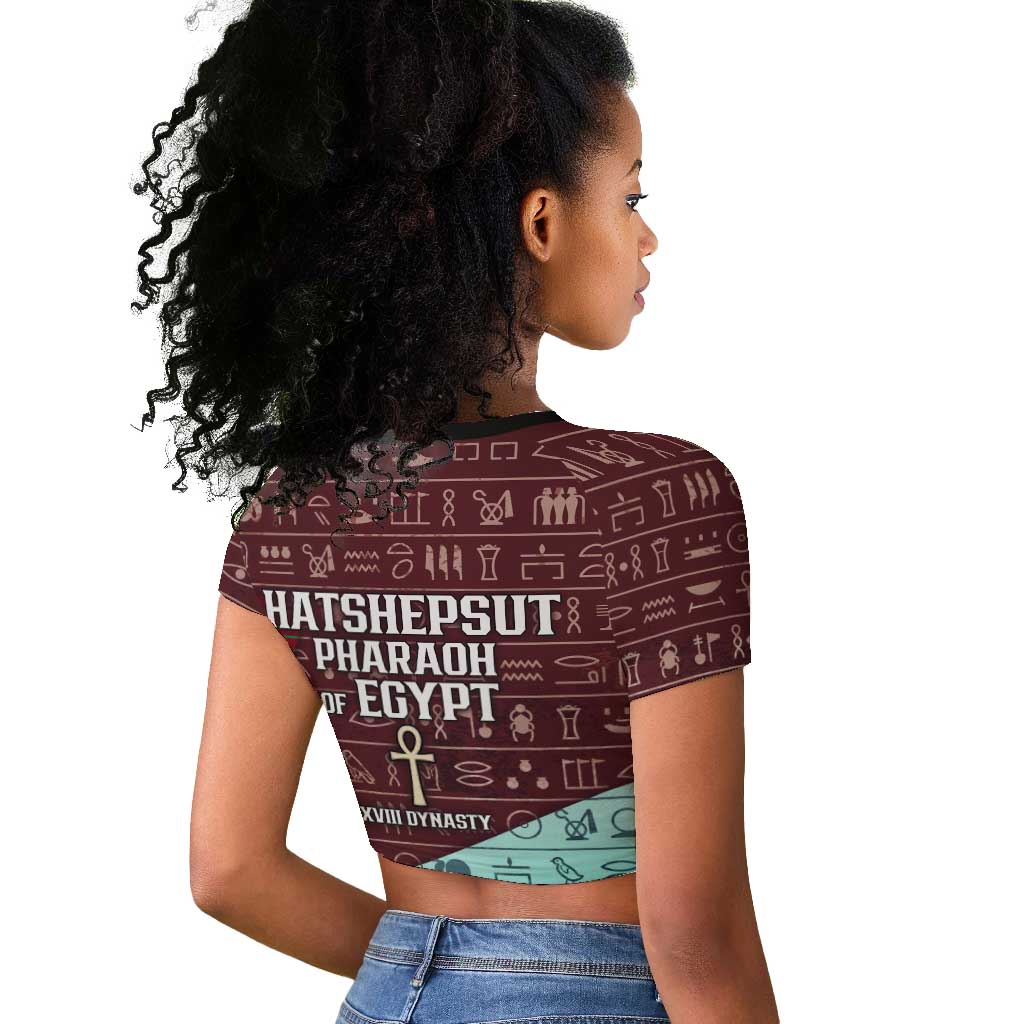 Hatshepsut Raglan Cropped T shirt with Pharaoh Bust Illustration, Female Pharaoh Title and Egyptian Hieroglyph - African Pride