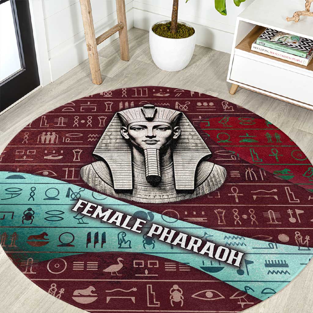 Hatshepsut Round Carpet with Pharaoh Bust Illustration, Female Pharaoh Title and Egyptian Hieroglyph - African Pride