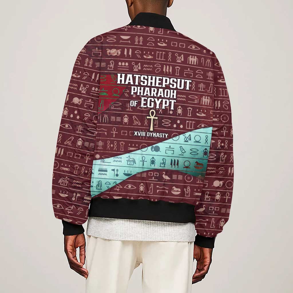 Hatshepsut Sleeve Zip Bomber Jacket with Pharaoh Bust Illustration, Female Pharaoh Title and Egyptian Hieroglyph - African Pride