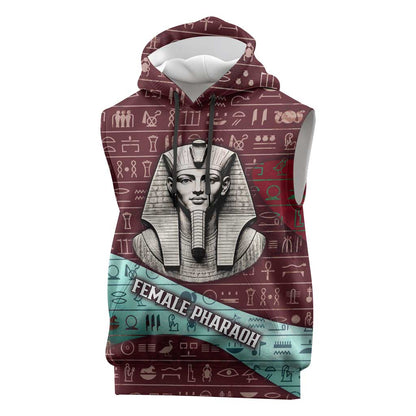 Hatshepsut Sleeveless Hoodie with Pharaoh Bust Illustration, Female Pharaoh Title and Egyptian Hieroglyph - African Pride