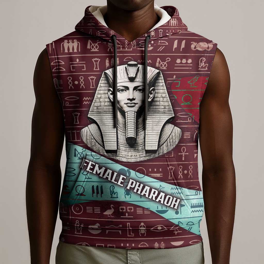 Hatshepsut Sleeveless Hoodie with Pharaoh Bust Illustration, Female Pharaoh Title and Egyptian Hieroglyph - African Pride