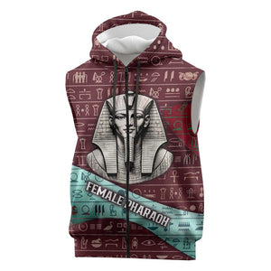 Hatshepsut Sleeveless Zip Hoodie with Pharaoh Bust Illustration, Female Pharaoh Title and Egyptian Hieroglyph - African Pride