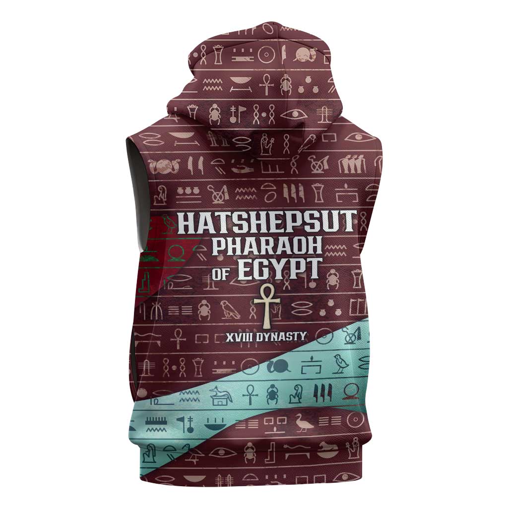 Hatshepsut Sleeveless Zip Hoodie with Pharaoh Bust Illustration, Female Pharaoh Title and Egyptian Hieroglyph - African Pride