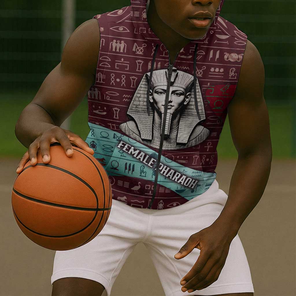 Hatshepsut Sleeveless Zip Hoodie with Pharaoh Bust Illustration, Female Pharaoh Title and Egyptian Hieroglyph - African Pride