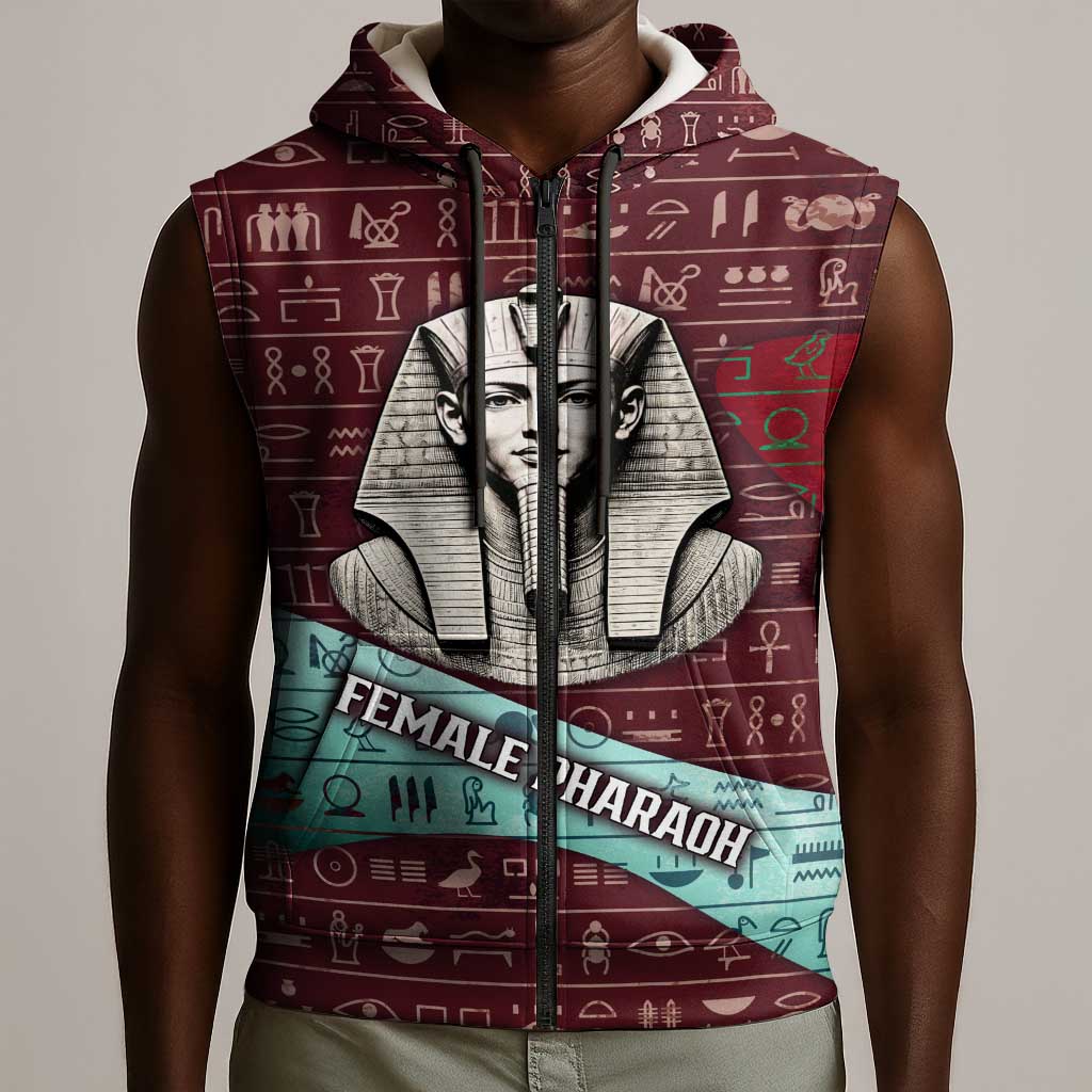 Hatshepsut Sleeveless Zip Hoodie with Pharaoh Bust Illustration, Female Pharaoh Title and Egyptian Hieroglyph - African Pride