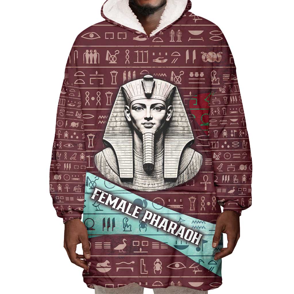 Hatshepsut Wearable Blanket Hoodie with Pharaoh Bust Illustration, Female Pharaoh Title and Egyptian Hieroglyph - African Pride