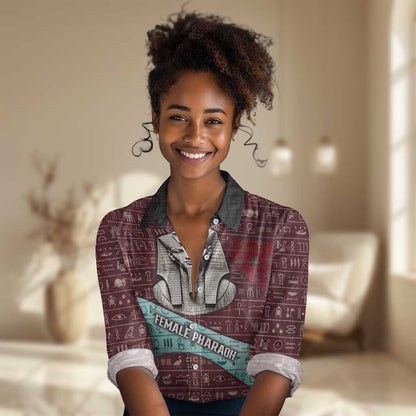Hatshepsut Women Casual Shirt with Pharaoh Bust Illustration, Female Pharaoh Title and Egyptian Hieroglyph - African Pride
