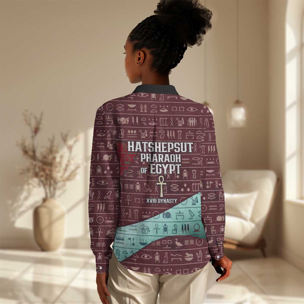 Hatshepsut Women Casual Shirt with Pharaoh Bust Illustration, Female Pharaoh Title and Egyptian Hieroglyph - African Pride