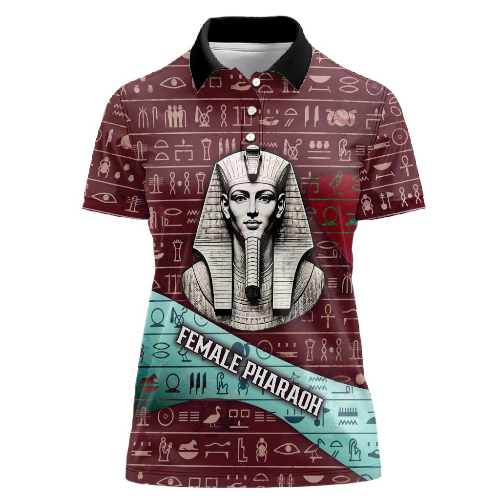 Hatshepsut Women Polo Shirt with Pharaoh Bust Illustration, Female Pharaoh Title and Egyptian Hieroglyph - African Pride
