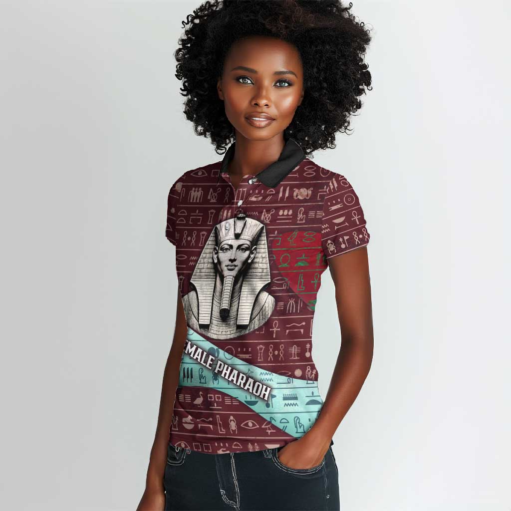 Hatshepsut Women Polo Shirt with Pharaoh Bust Illustration, Female Pharaoh Title and Egyptian Hieroglyph - African Pride