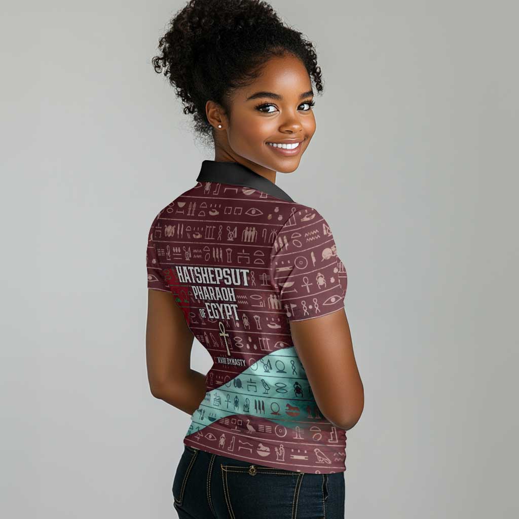 Hatshepsut Women Polo Shirt with Pharaoh Bust Illustration, Female Pharaoh Title and Egyptian Hieroglyph - African Pride