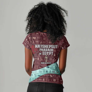 Hatshepsut Women V-Neck T-Shirt with Pharaoh Bust Illustration, Female Pharaoh Title and Egyptian Hieroglyph - African Pride