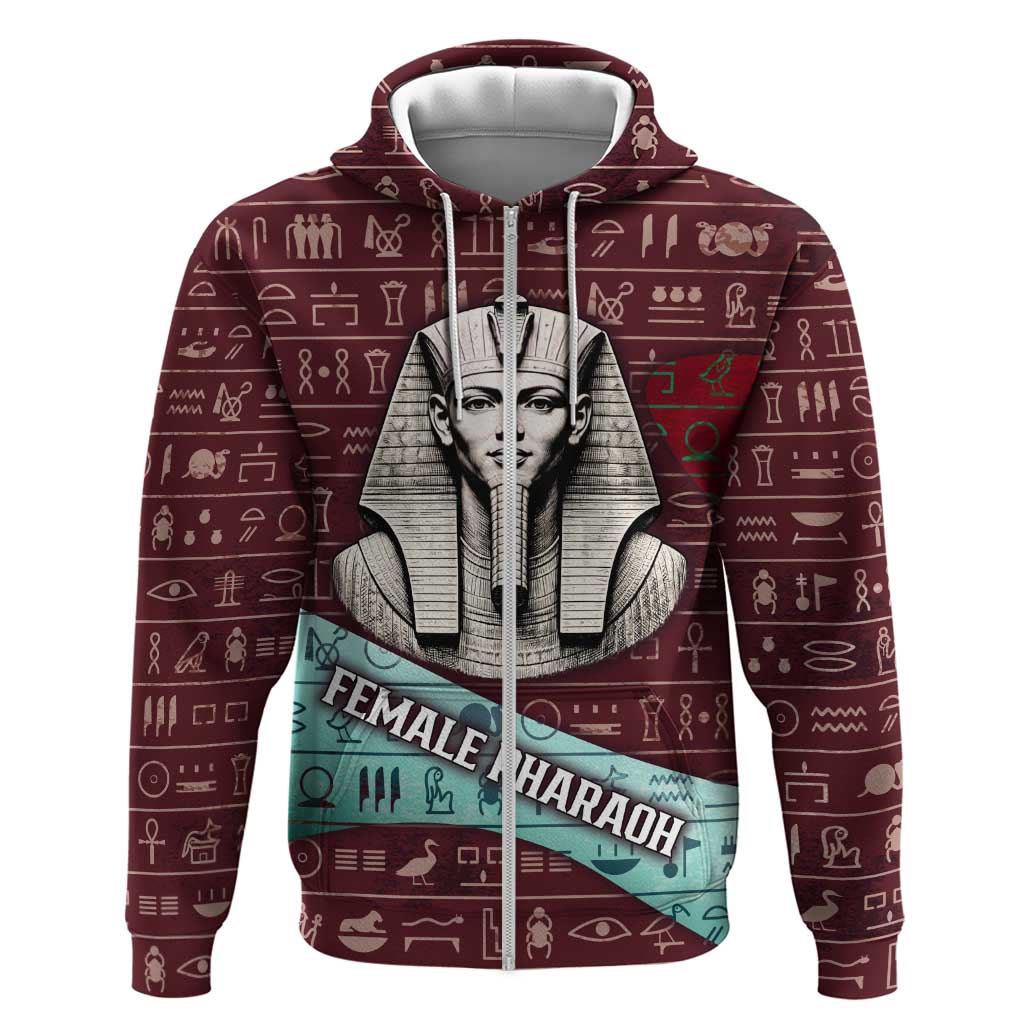 Hatshepsut Zip Hoodie with Pharaoh Bust Illustration, Female Pharaoh Title and Egyptian Hieroglyph - African Pride