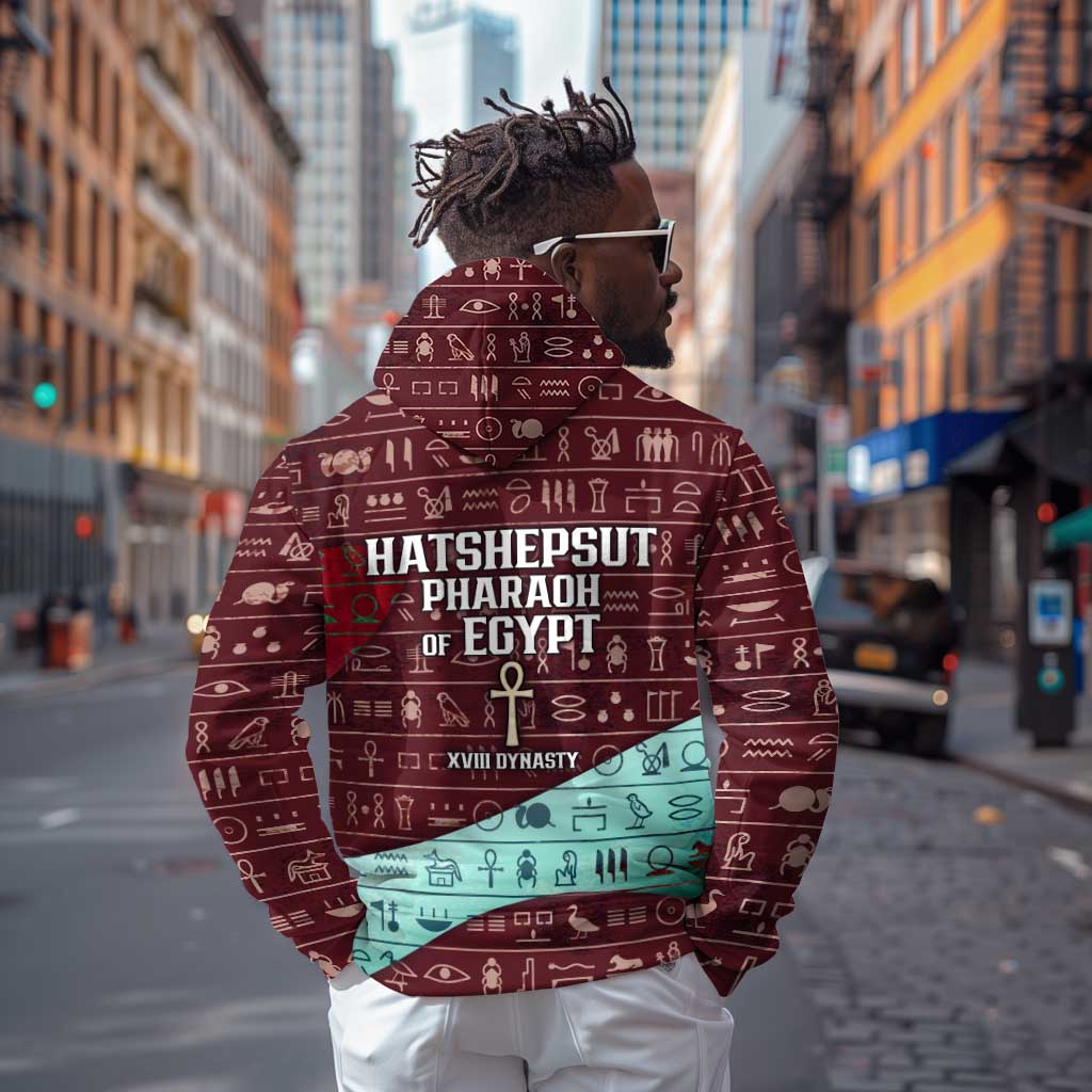 Hatshepsut Zip Hoodie with Pharaoh Bust Illustration, Female Pharaoh Title and Egyptian Hieroglyph - African Pride