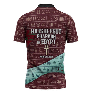 Hatshepsut Zipper Polo Shirt with Pharaoh Bust Illustration, Female Pharaoh Title and Egyptian Hieroglyph - African Pride