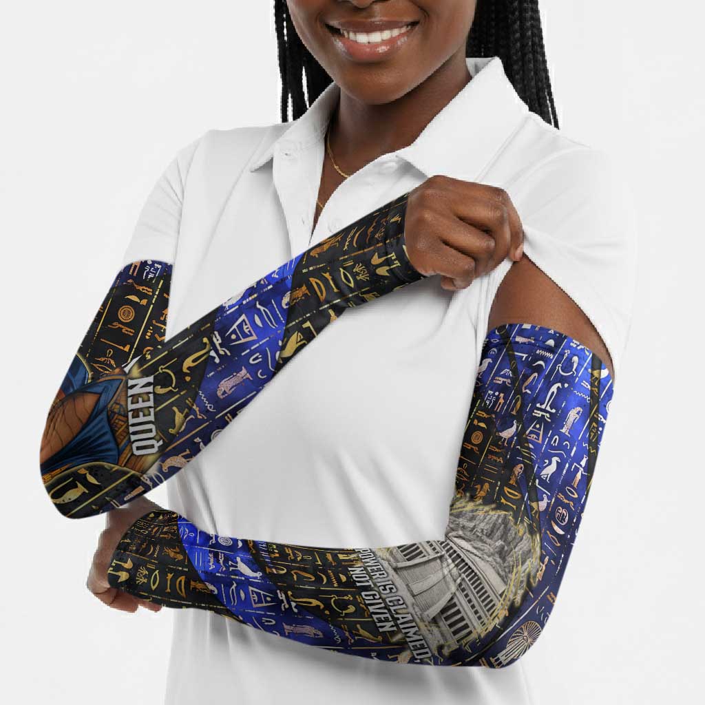 Hatshepsut Arm Sleeves with Queen King Portrait, Temple Illustration and Blue-Gold Hieroglyphic - African Pride